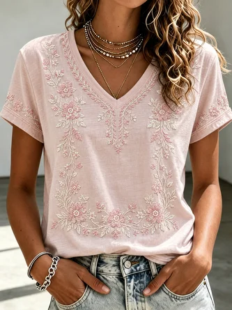 Casual Floral V Neck Short Sleeve T-shirt