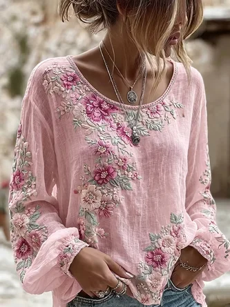 Crew Neck Long Sleeve Floral Printing Regular Micro-Elasticity Regular Fit Blouse For Women
