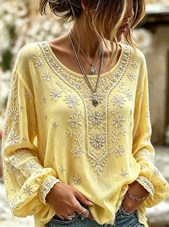 Crew Neck Long Sleeve Floral Printing Lightweight Micro-Elasticity Loose Blouse For Women - Image 3