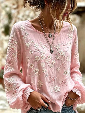 Crew Neck Long Sleeve Floral Printing Regular Micro-Elasticity Regular Fit Blouse For Women