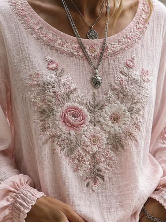 Crew Neck Long Sleeve Floral Printing Lightweight Micro-Elasticity Loose Blouse For Women - Image 3