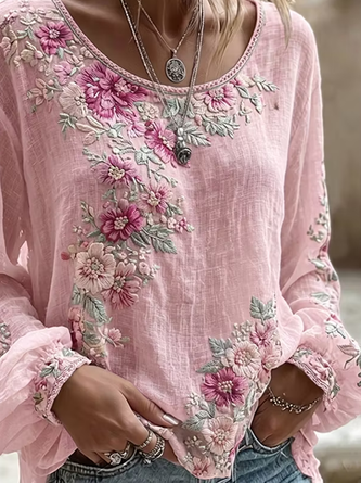 Crew Neck Long Sleeve Floral Printing Regular Micro-Elasticity Regular Fit Blouse For Women - Image 3