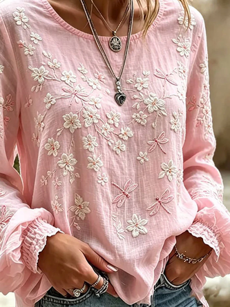 Crew Neck Long Sleeve Floral Printing Regular Micro-Elasticity Regular Fit Blouse For Women - Image 3