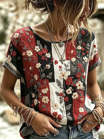 Casual Floral Crew Neck Short Sleeve T-shirt - Image 2
