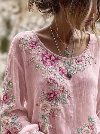 Crew Neck Long Sleeve Floral Printing Regular Micro-Elasticity Regular Fit Blouse For Women - Image 2