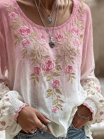 Crew Neck Long Sleeve Floral Printing Regular Micro-Elasticity Regular Fit Blouse For Women - Image 3