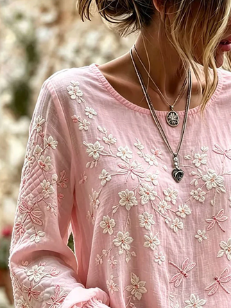 Crew Neck Long Sleeve Floral Printing Regular Micro-Elasticity Regular Fit Blouse For Women - Image 2
