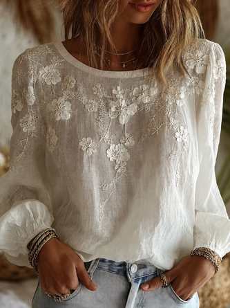 Crew Neck Long Sleeve Floral Printing Regular Micro-Elasticity Regular Fit Blouse For Women