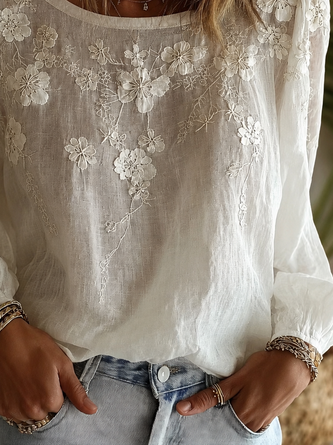 Crew Neck Long Sleeve Floral Printing Regular Micro-Elasticity Regular Fit Blouse For Women - Image 3