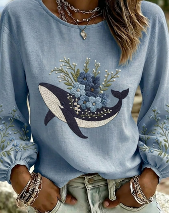 Crew Neck Long Sleeve Floral Printing Lightweight Micro-Elasticity Loose Blouse For Women - Image 2