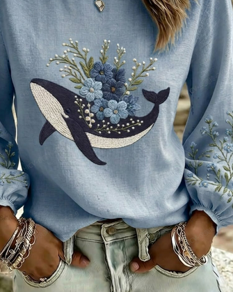 Crew Neck Long Sleeve Floral Printing Lightweight Micro-Elasticity Loose Blouse For Women - Image 3