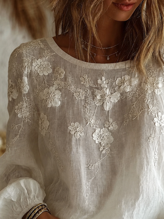 Crew Neck Long Sleeve Floral Printing Regular Micro-Elasticity Regular Fit Blouse For Women - Image 2