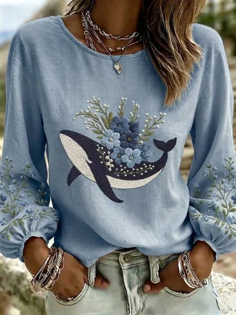 Crew Neck Long Sleeve Floral Printing Lightweight Micro-Elasticity Loose Blouse For Women