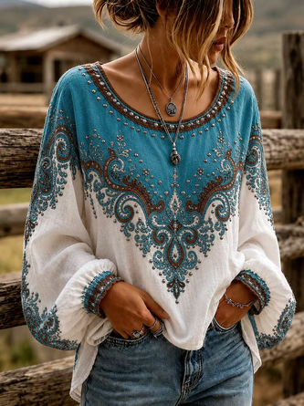 Crew Neck Long Sleeve Floral Printing Lightweight Micro-Elasticity Loose Blouse For Women