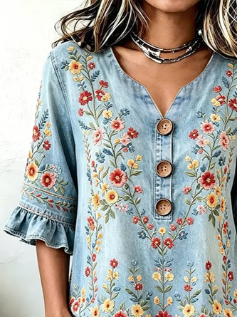 V Neck Half Sleeve Floral Printing Regular Micro-Elasticity Regular Fit Blouse For Women - Image 2