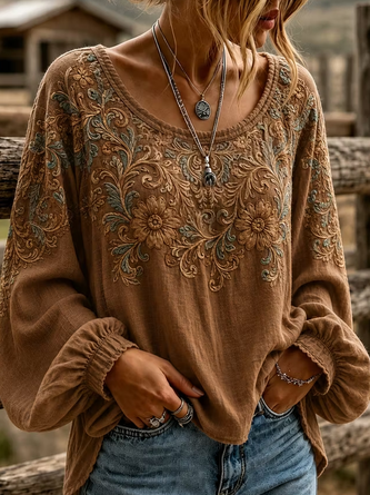 Crew Neck Long Sleeve Floral Printing Lightweight Micro-Elasticity Loose Blouse For Women - Image 8