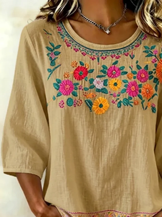 Crew Neck Half Sleeve Floral Printing Regular Micro-Elasticity Regular Fit Blouse For Women - Image 2