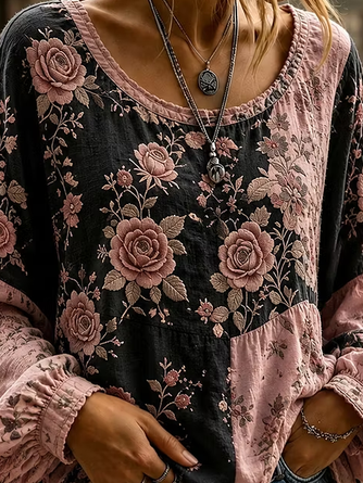 Crew Neck Long Sleeve Floral Printing Lightweight Micro-Elasticity Loose Blouse For Women - Image 3
