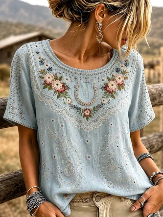 Casual Floral Crew Neck Short Sleeve T-shirt