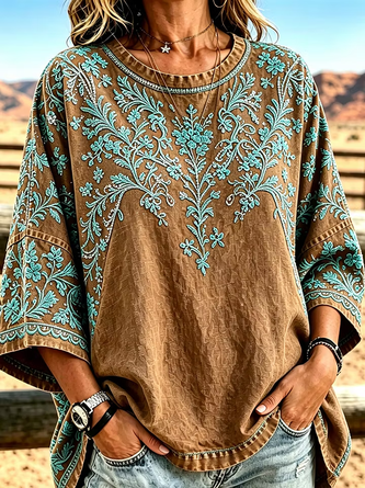 Vintage Floral Crew Neck Half Sleeve T-shirt