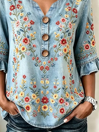 V Neck Half Sleeve Floral Printing Regular Micro-Elasticity Regular Fit Blouse For Women - Image 3