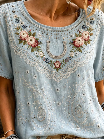 Casual Floral Crew Neck Short Sleeve T-shirt - Image 3
