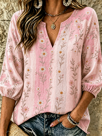 V Neck Three Quarter Sleeve Floral Printing Lightweight Micro-Elasticity Loose Blouse For Women - Image 3
