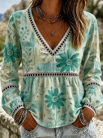 Vintage Floral V Neck Long Sleeve T-shirt - Image 3