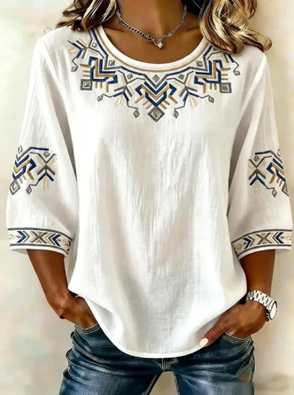 Crew Neck Half Sleeve Abstract Graphic Printing Regular Micro-Elasticity Regular Fit Blouse For Women