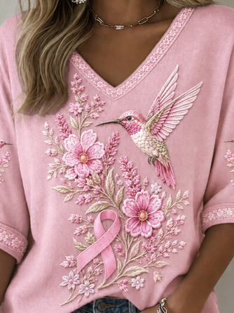 Vintage Floral V Neck Half Sleeve T-shirt - Image 3