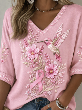 Vintage Floral V Neck Half Sleeve T-shirt - Image 2