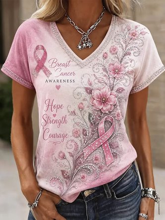 Casual Floral V Neck Short Sleeve T-shirt
