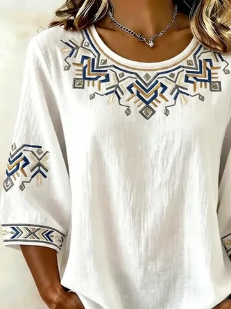 Crew Neck Half Sleeve Abstract Graphic Printing Regular Micro-Elasticity Regular Fit Blouse For Women - Image 2