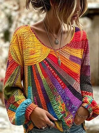Crew Neck Long Sleeve Geometric Printing Lightweight Micro-Elasticity Loose Blouse For Women