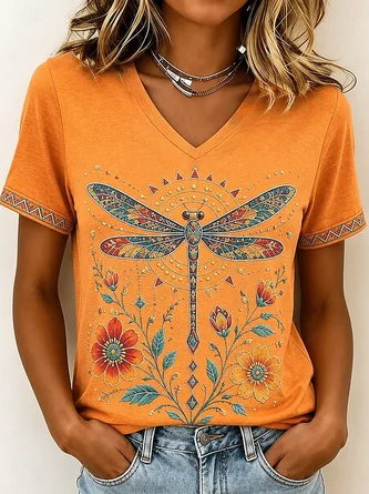 Vintage Geometric V Neck Short Sleeve T-shirt