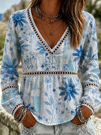Vintage Floral V Neck Long Sleeve T-shirt - Image 2