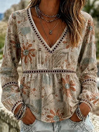 Vintage Floral V Neck Long Sleeve T-shirt
