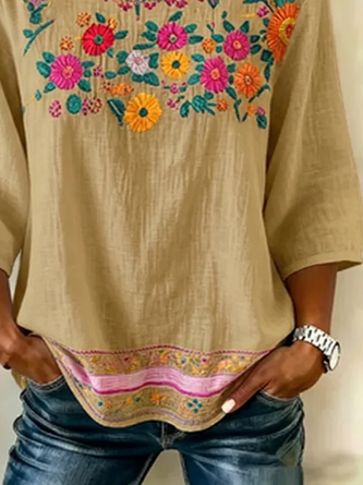 Crew Neck Half Sleeve Floral Printing Regular Micro-Elasticity Regular Fit Blouse For Women - Image 3