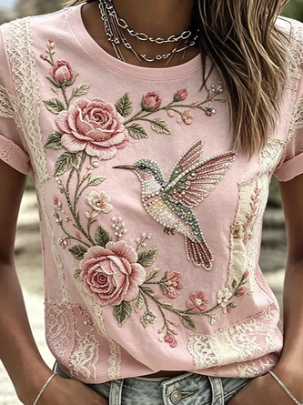 Casual Floral Crew Neck Short Sleeve T-shirt - Image 2