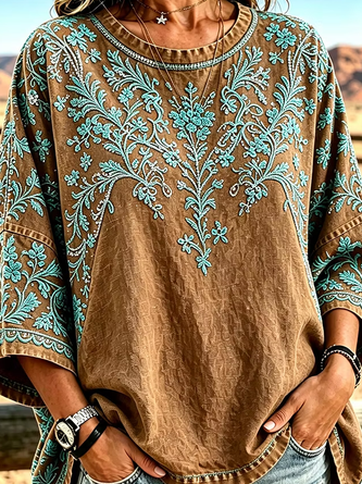 Vintage Floral Crew Neck Half Sleeve T-shirt - Image 2