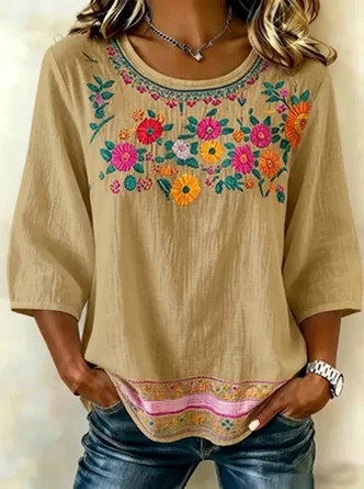 Crew Neck Half Sleeve Floral Printing Regular Micro-Elasticity Regular Fit Blouse For Women