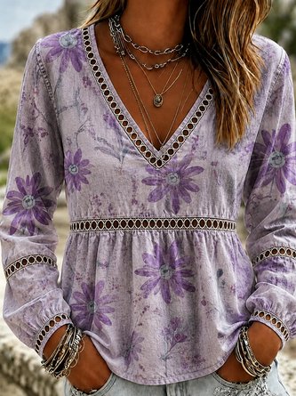 Vintage Floral V Neck Long Sleeve T-shirt - Image 4