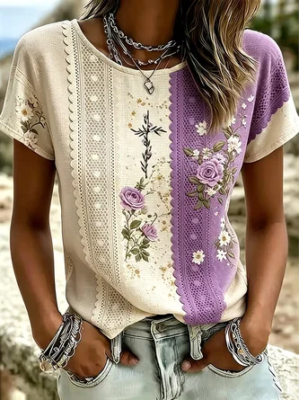 Casual Floral Crew Neck Short Sleeve T-shirt 3 Casual Floral Crew Neck Short Sleeve T-shirt - Image 3