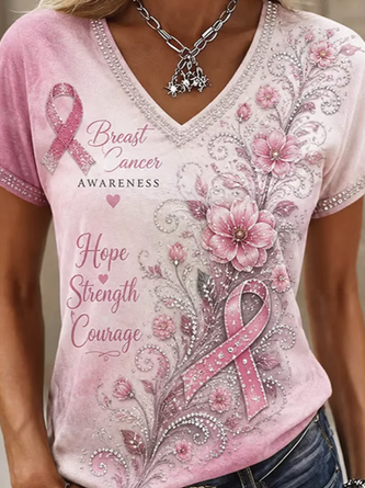 Casual Floral V Neck Short Sleeve T-shirt - Image 2
