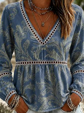 Vintage Leaf V Neck Long Sleeve T-shirt 2 Vintage Leaf V Neck Long Sleeve T-shirt - Image 2