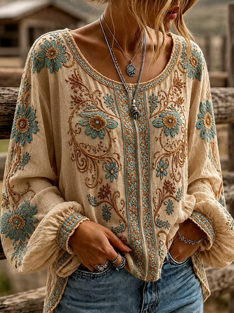 Crew Neck Long Sleeve Floral Printing Lightweight Micro-Elasticity Loose Blouse For Women - Image 2