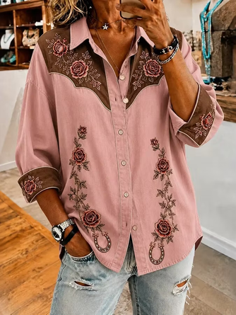 Shawl Collar Long Sleeve Floral Lightweight Regular Fit Shirt For Women