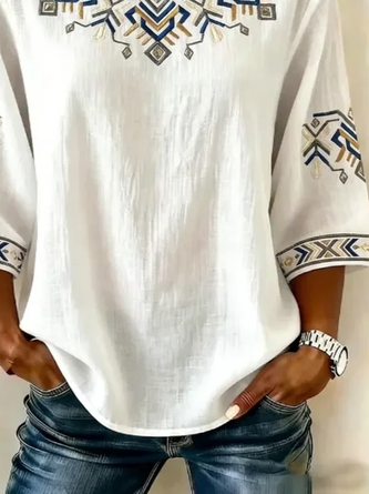 Crew Neck Half Sleeve Abstract Graphic Printing Regular Micro-Elasticity Regular Fit Blouse For Women - Image 3