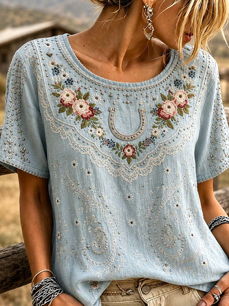 Casual Floral Crew Neck Short Sleeve T-shirt - Image 2