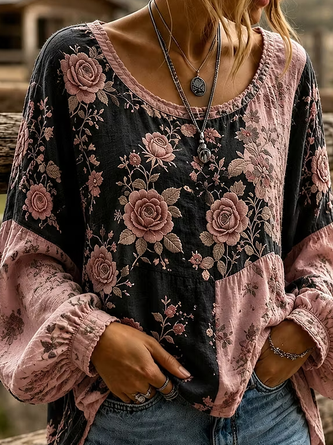 Crew Neck Long Sleeve Floral Printing Lightweight Micro-Elasticity Loose Blouse For Women - Image 2